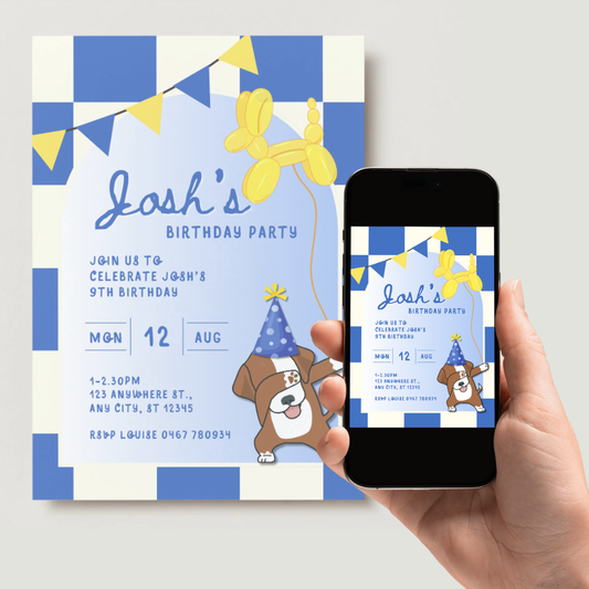 Personalised Blue Dog Birthday Invitations - Digital