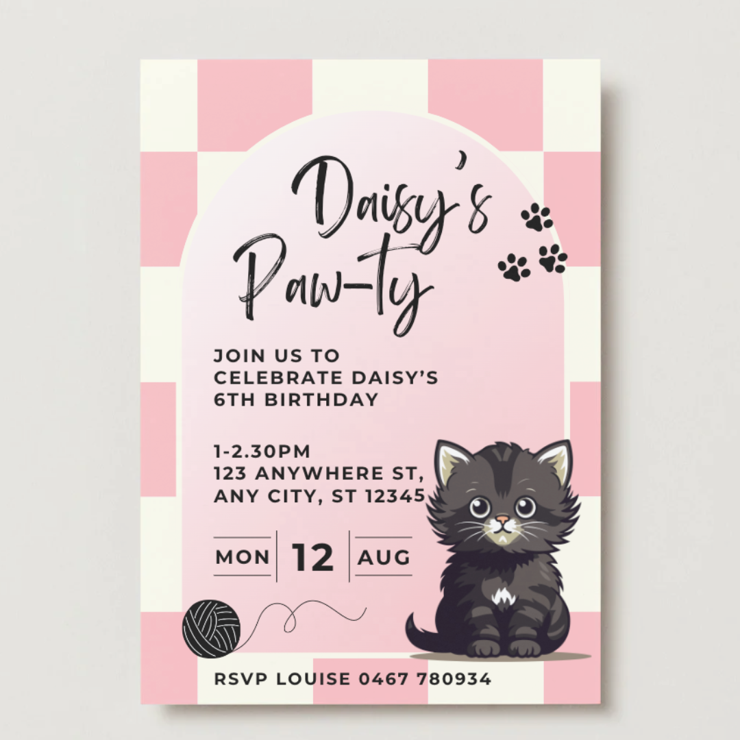 Personalised Cat Birthday Invitations - Printed