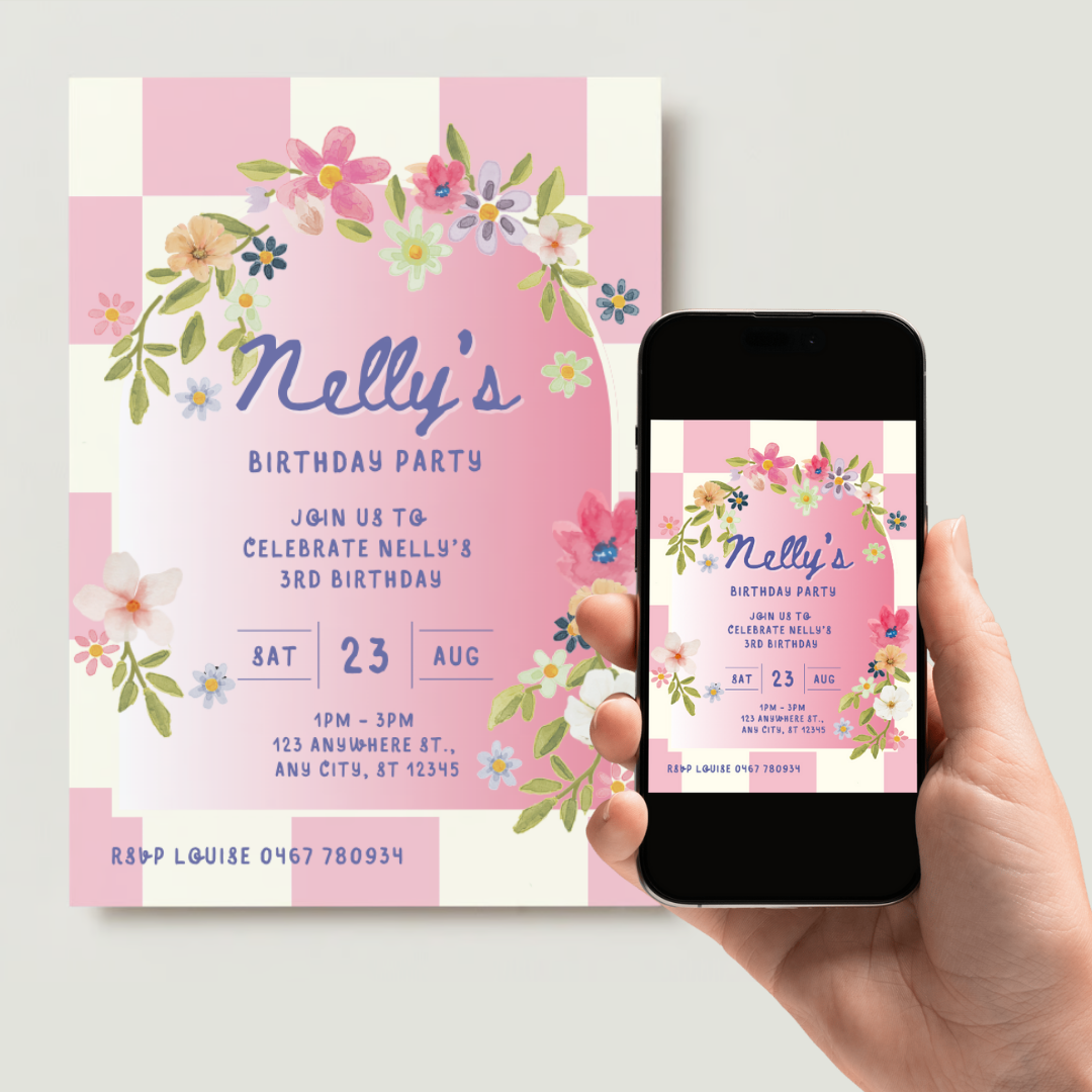 Personalised Floral Pink Birthday Invitations - Digital