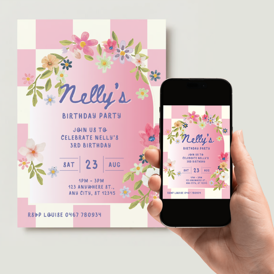 Personalised Floral Pink Birthday Invitations - Digital
