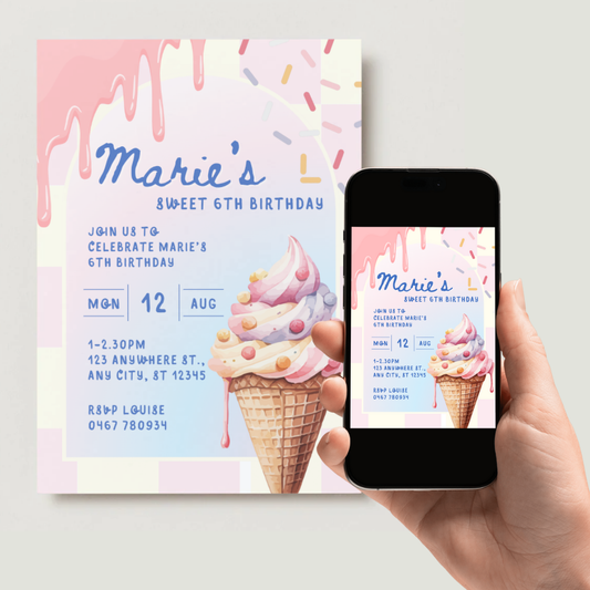 Personalised Ice cream Birthday Invitations - Digital