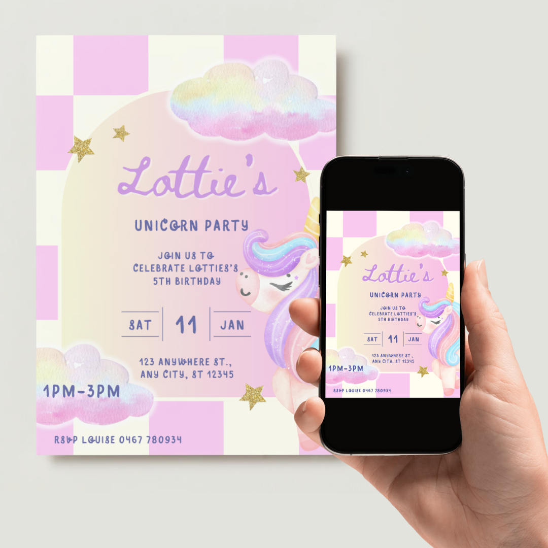 Personalised Unicorn Birthday Invitations - Digital