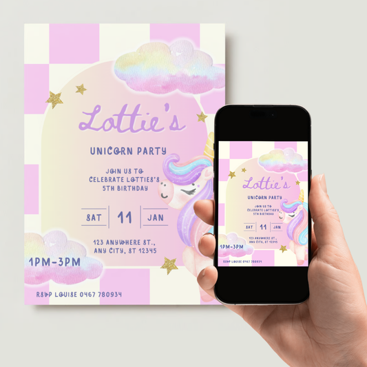 Personalised Unicorn Birthday Invitations - Digital