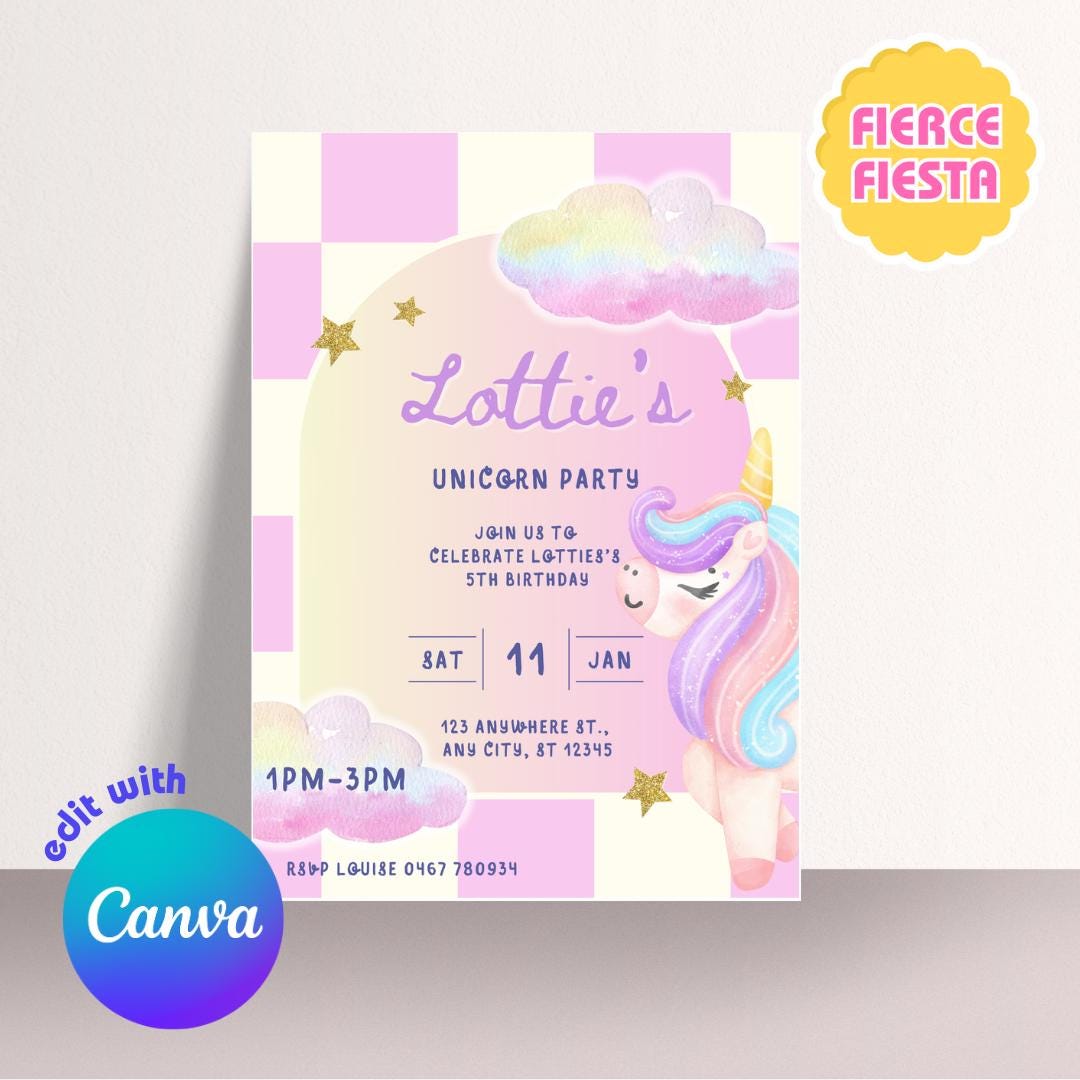 Unicorn Party Birthday Invitations - Digital Template