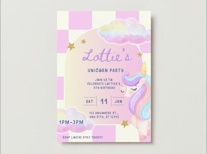 Unicorn Party Birthday Invitations - Digital Template