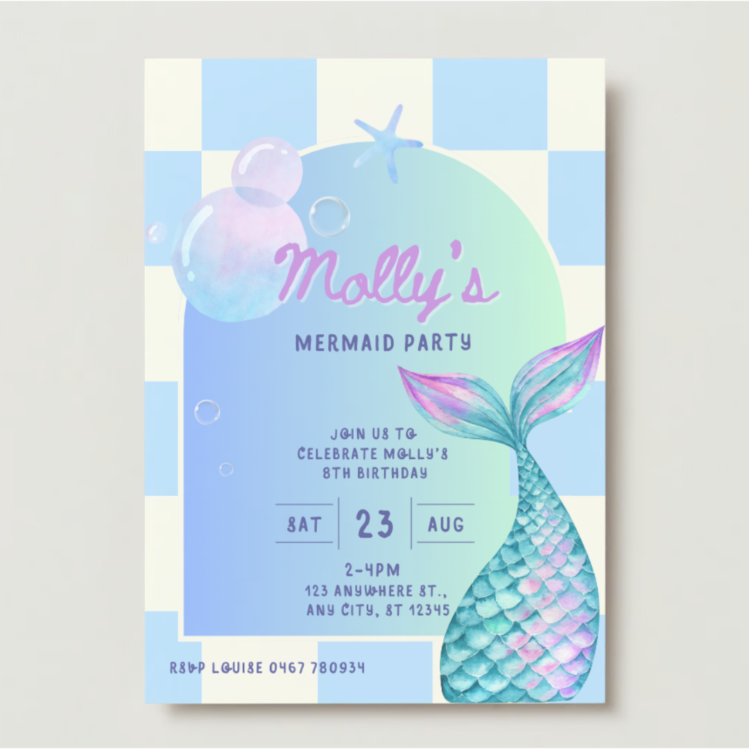 Personalised Mermaid Birthday Invitations - Printed