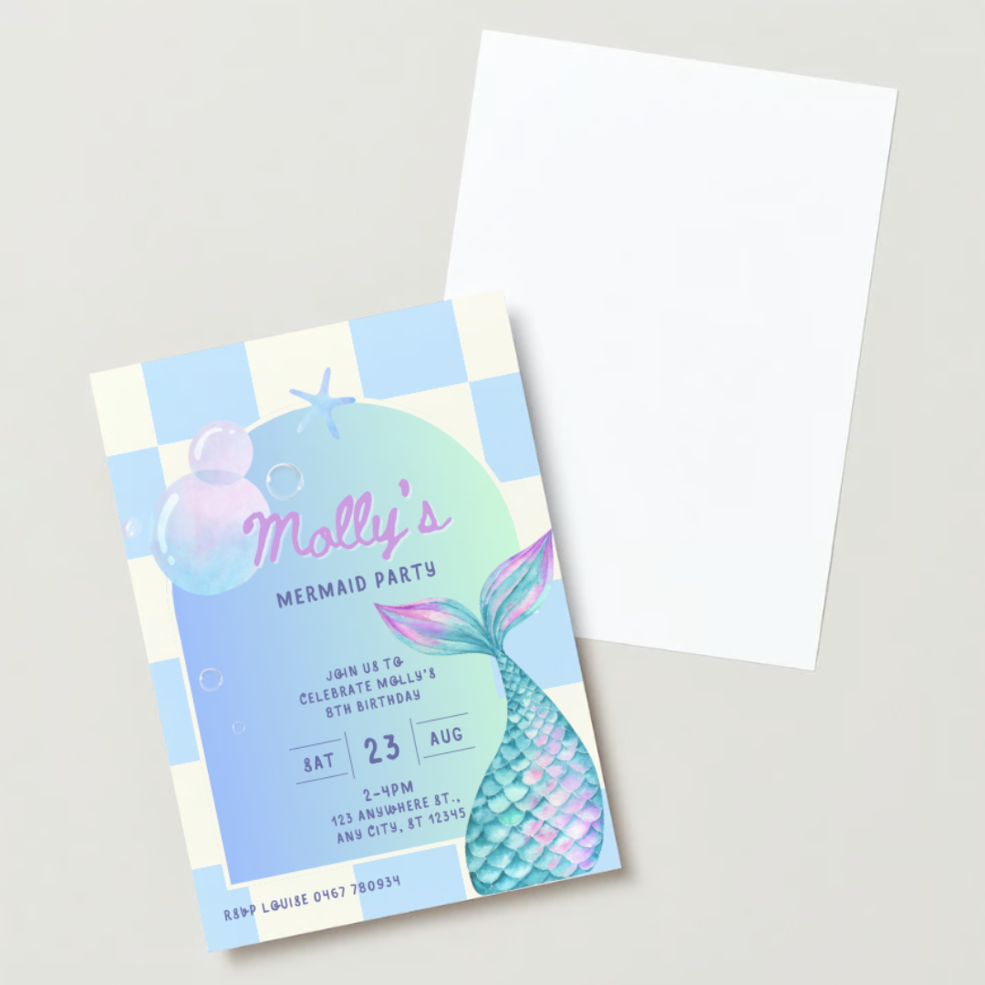 Personalised Mermaid Birthday Invitations - Printed