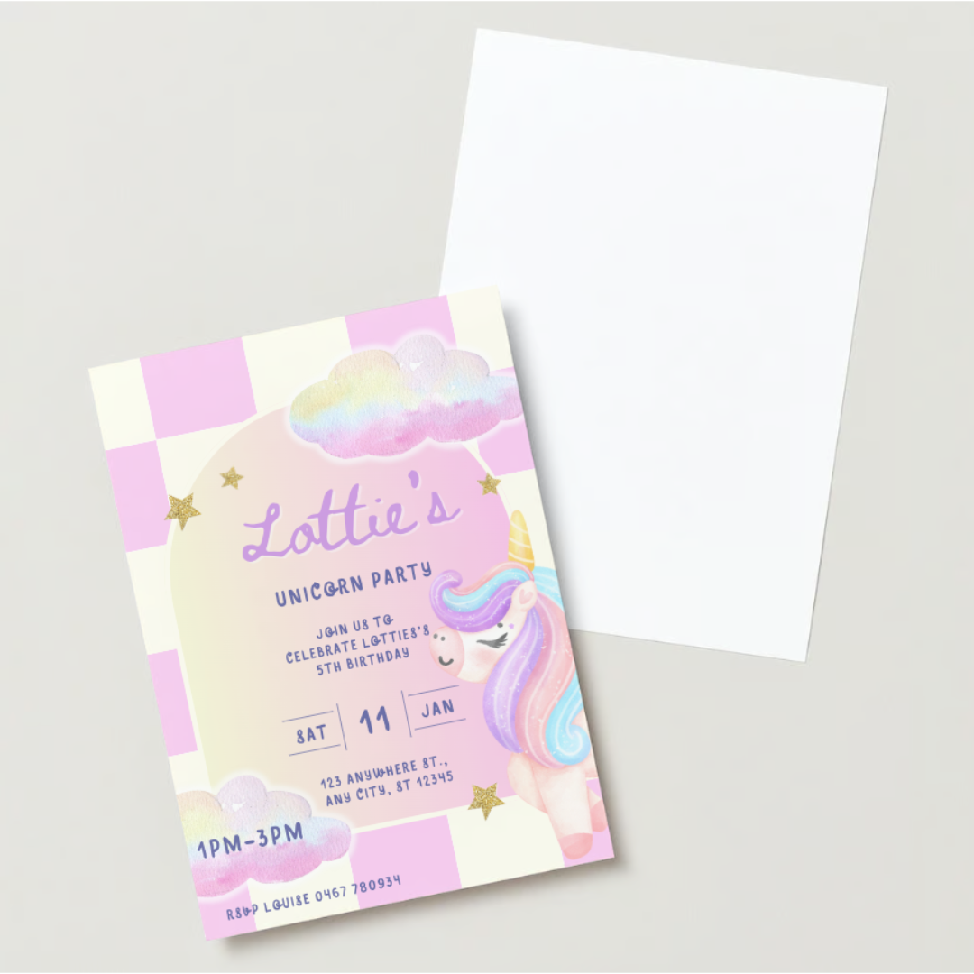 Personalised Unicorn Birthday Invitations - Printed