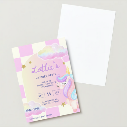 Personalised Unicorn Birthday Invitations - Printed