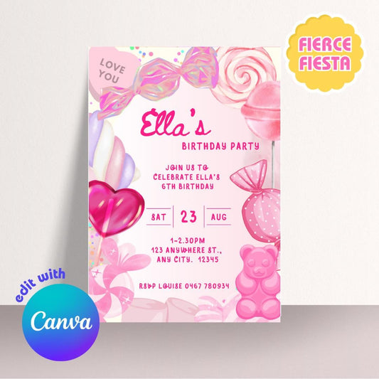 Pink Candy (Sweets / Lollys) Invite – Digital Template